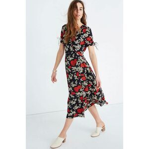 Madewell Floral Print Midi Dress Short Sleeve‎ Tie Detail Black Red Casual